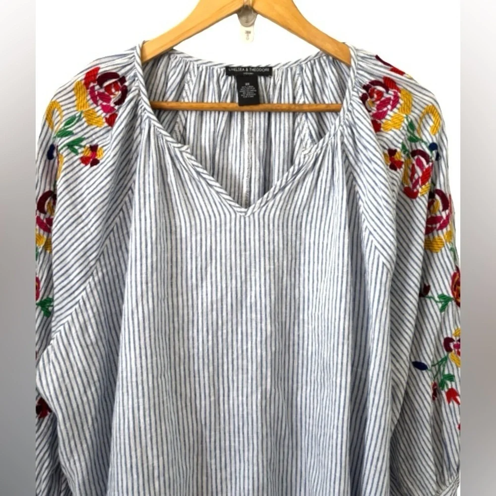 Chelsea & Theodore blu strp w embr & tassel linen/cotton blnd qtop SZ 3X peasant - Picture 3 of 7